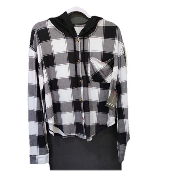 NWT No Boundaries Hoodie Womens Black/White Plaid Long Sleeve Shirt Size LRG - Picture 11 of 11